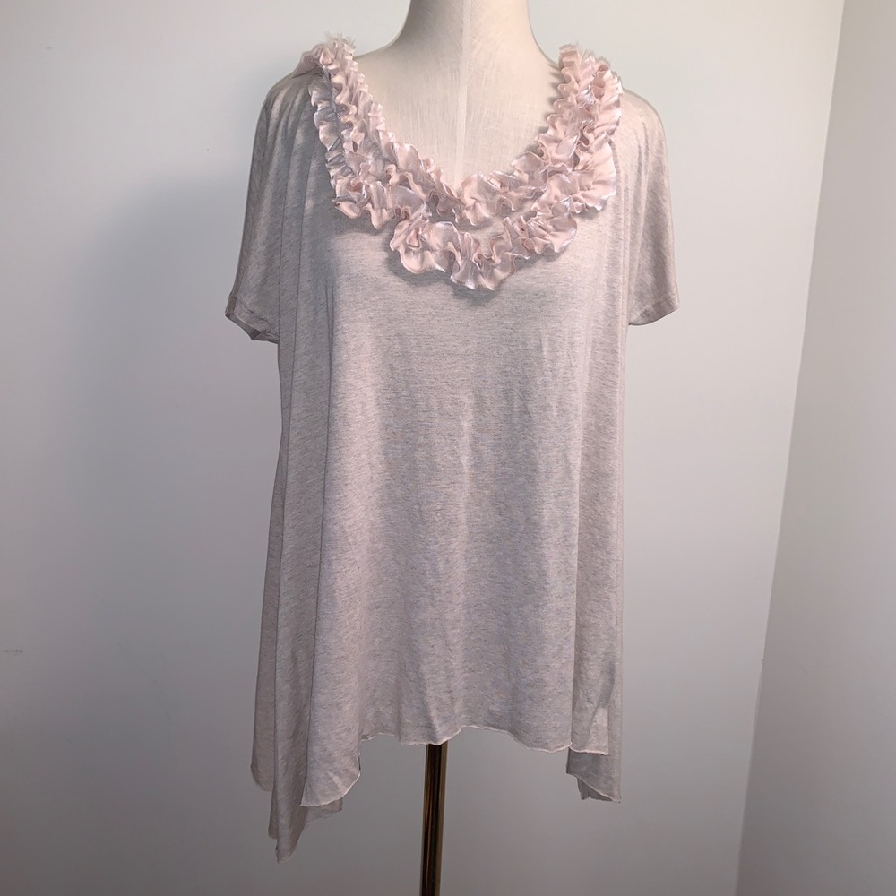 Yvos Sharkbite Top w/Ruffly Ribbon V Neck Blouse